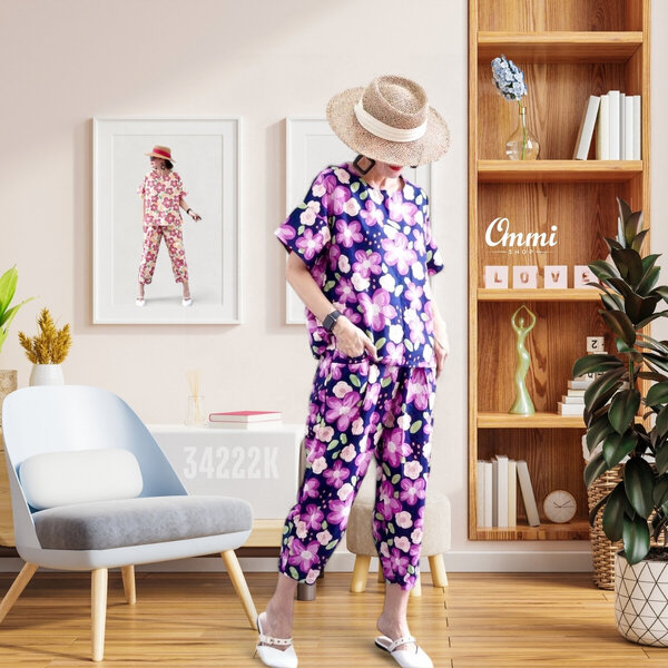 Ommishop 34222K ชุดเซ็ท เสื้อคอกลม และกางเกงขาจีบ ลายดอก KOSOMOSU Cotton Japan 100% (Bonus)[34222]