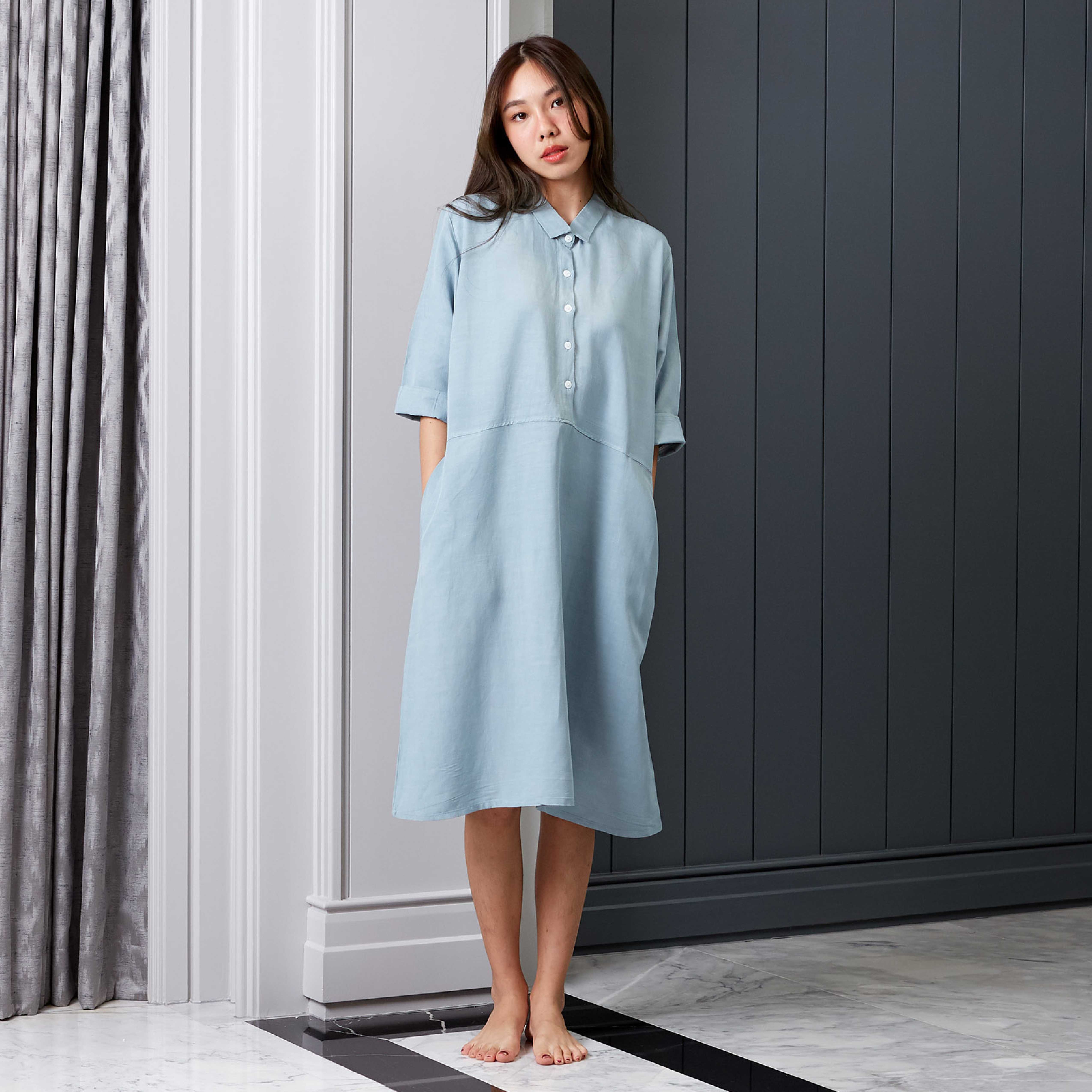 ชุดนอน in.house ชุดนอนผ้าลินิน กระโปรง สีพื้น