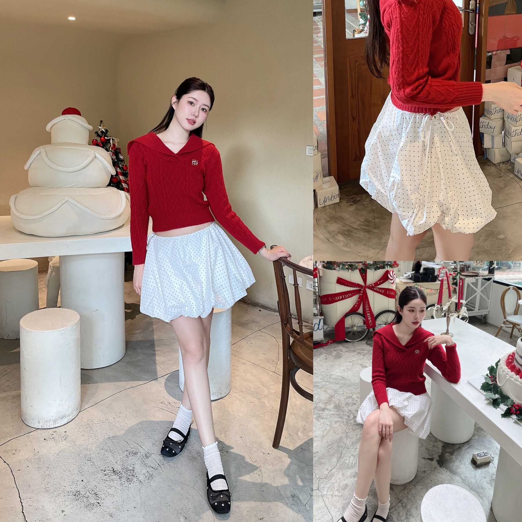 ขาว/ดำ SLYQ POLKADOT PUMPKIN BALLOON SKIRT กระโปรงสั้นทรงบอลลูนผ้าคอตตอนลายจุด