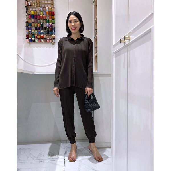 2MUAY รุ่น GJO10719 / GJO11540 เซ็ตอัดพลีท SHIRT TOP WITH JOGGER PLANTS PLEATED SET 7 สี FREE SIZE