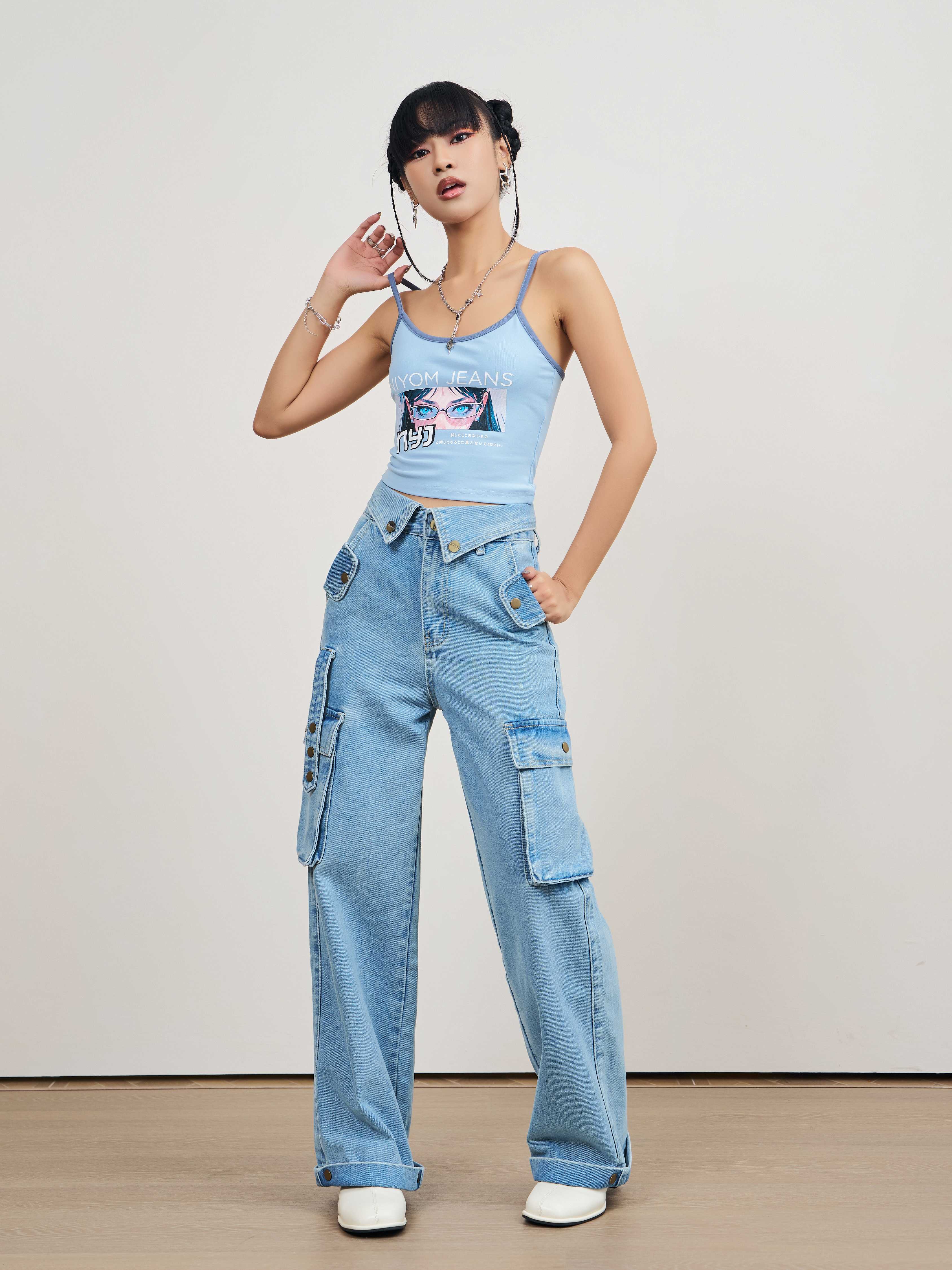 Niyom Jeans : รุ่น  BCG001.1 กางเกงยีนส์ผู้หญิง ทรงกระบอก เอวพับ