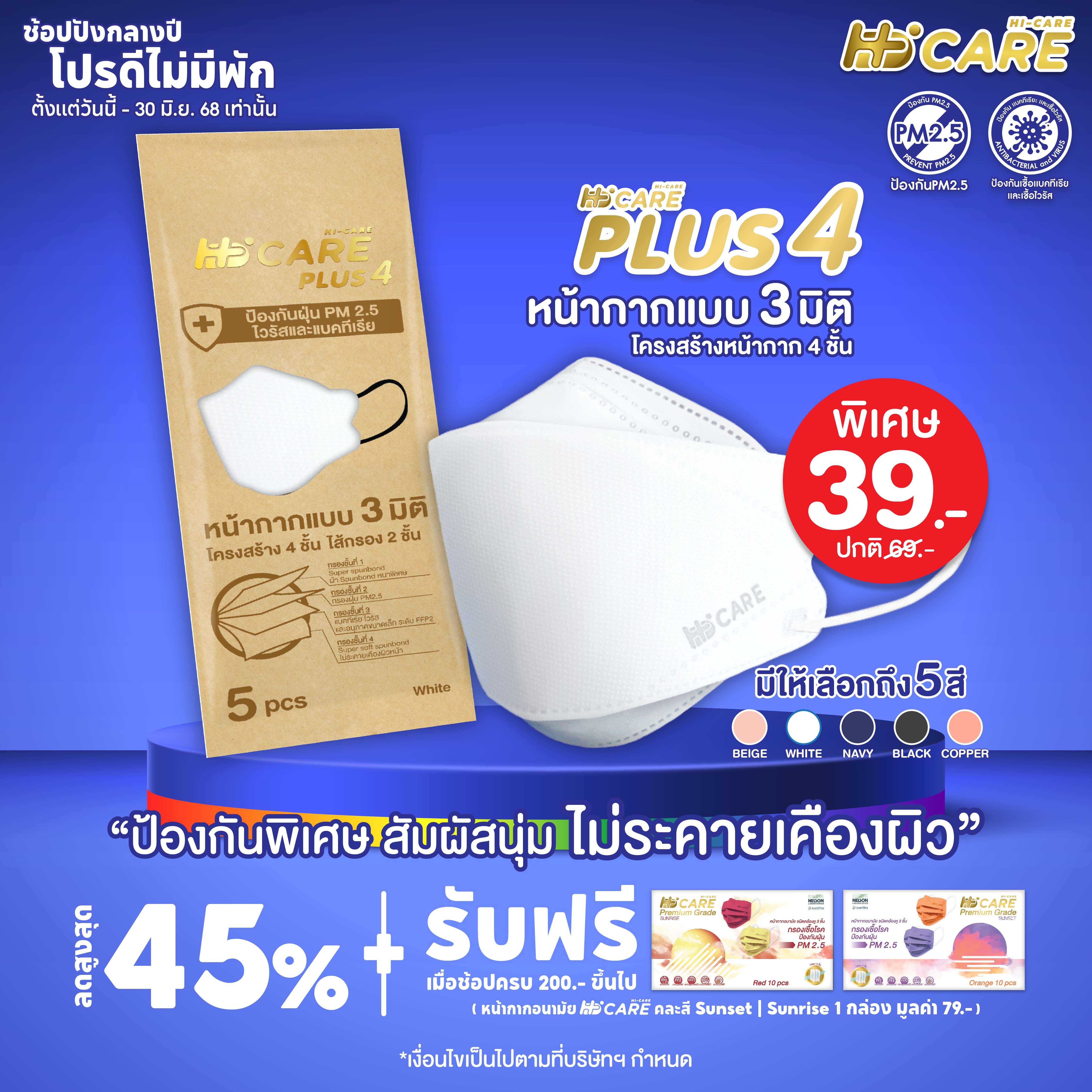 Hi-Care PLUS4 (สีคอปเปอร์ 5ชิ้น )หน้ากาก 3มิติ หน้ากากอนามัยหนาพิเศษ แผ่นกรอง 4ชั้น
