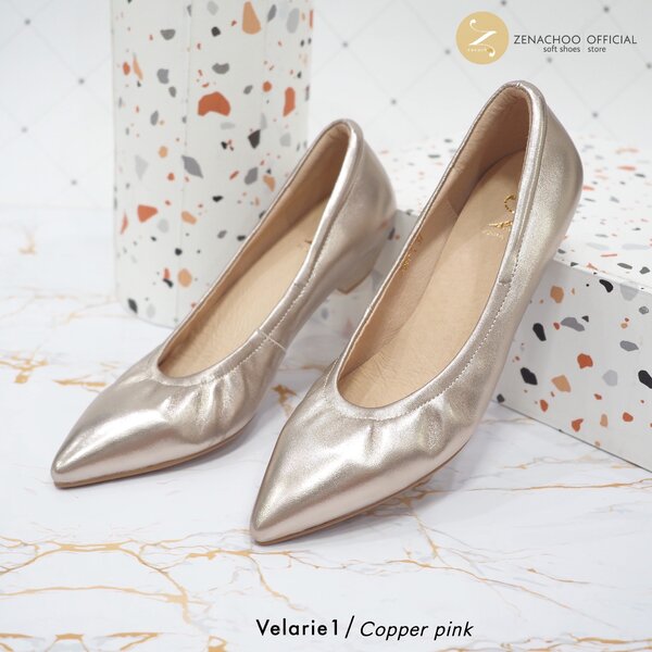 ทรงปกติ เปลี่ยนไซส์ได้-ไม่รับคืน Zenachoo รุ่นขายดี Velarie1 สูง 1นิ้ว สี Copper pink รองเท้าหัวแ...