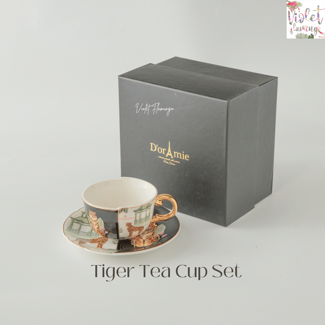 Tiger Tea Cup Set ชุดแก้วกาแฟพร้อมจานรอง (มาพร้อมกล่องของขวัญสีดำ)  ลายเสือ ขอบทอง มือจับทอง