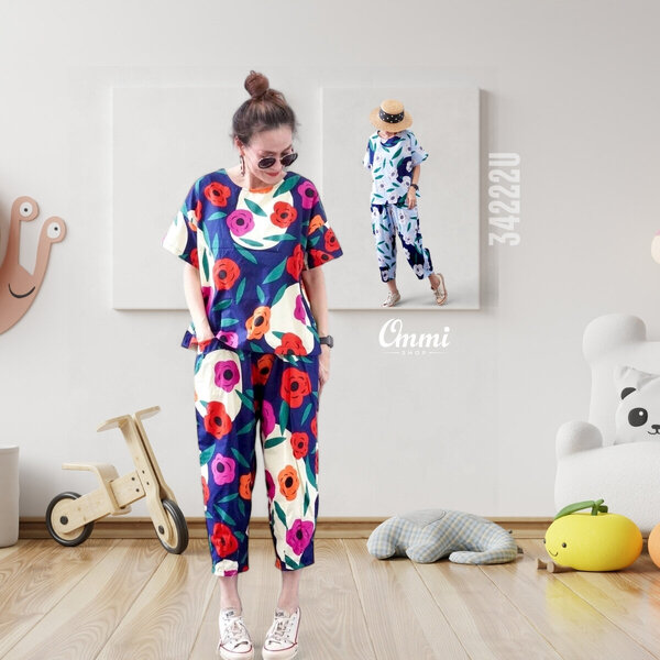 Ommishop 34222U ชุดเซ็ท เสื้อคอกลม และกางเกงขาจีบ ลายดอก อุเมะ Cotton Japan 100% (Bonus)[34222]