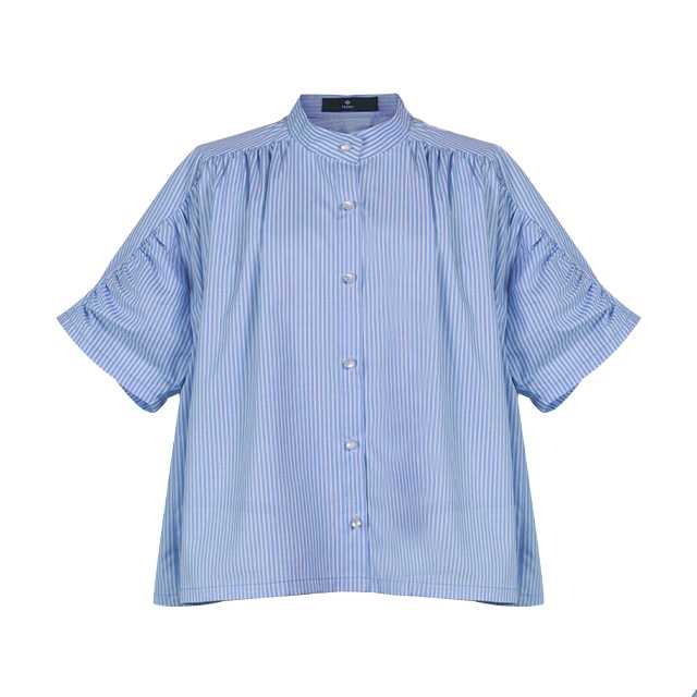 เสื้อคอตั้งแขนสั้น สีฟ้าริ้วขาว Mandarin Collar Blouse - Blue Striped,