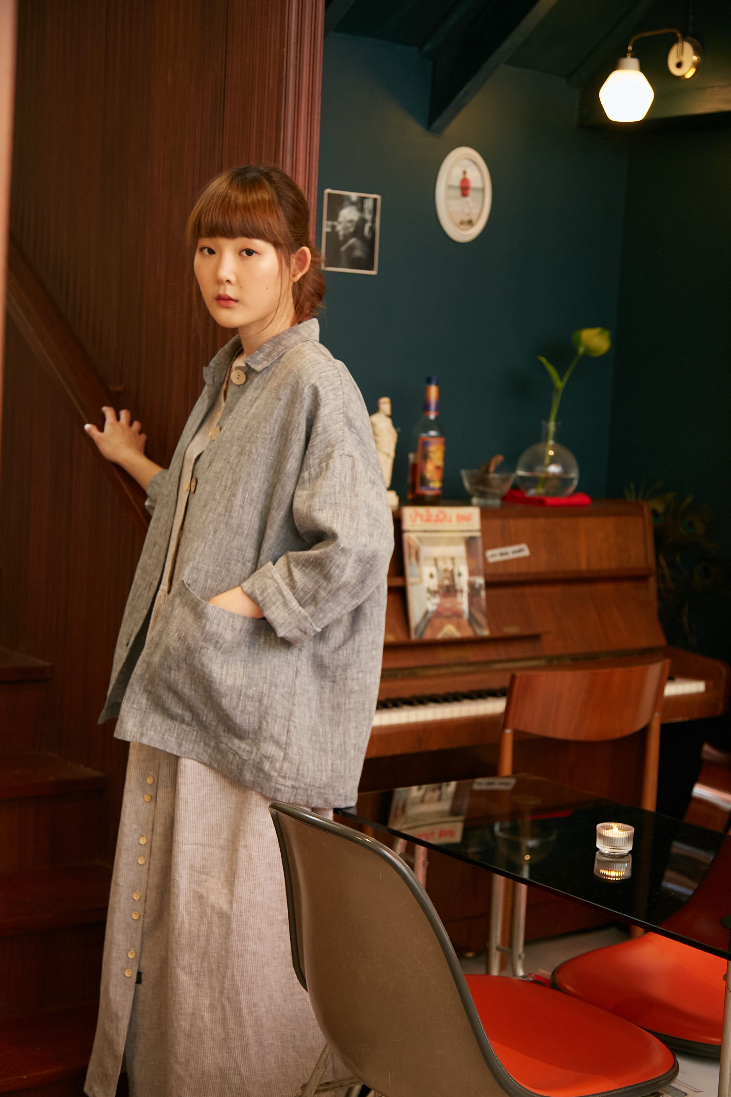 เสื้อแจ๊คเก็ตโอเวอร์ไซส์ผ้าลินิน - สียีนส์ฟ้าแชมเบรย์