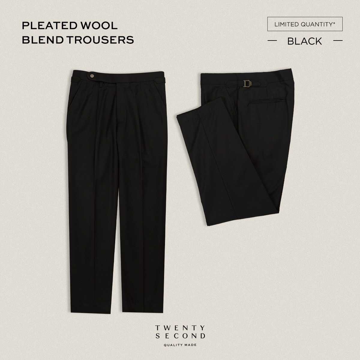 PLEATED WOOL BLEND TROUSERS - BLACK