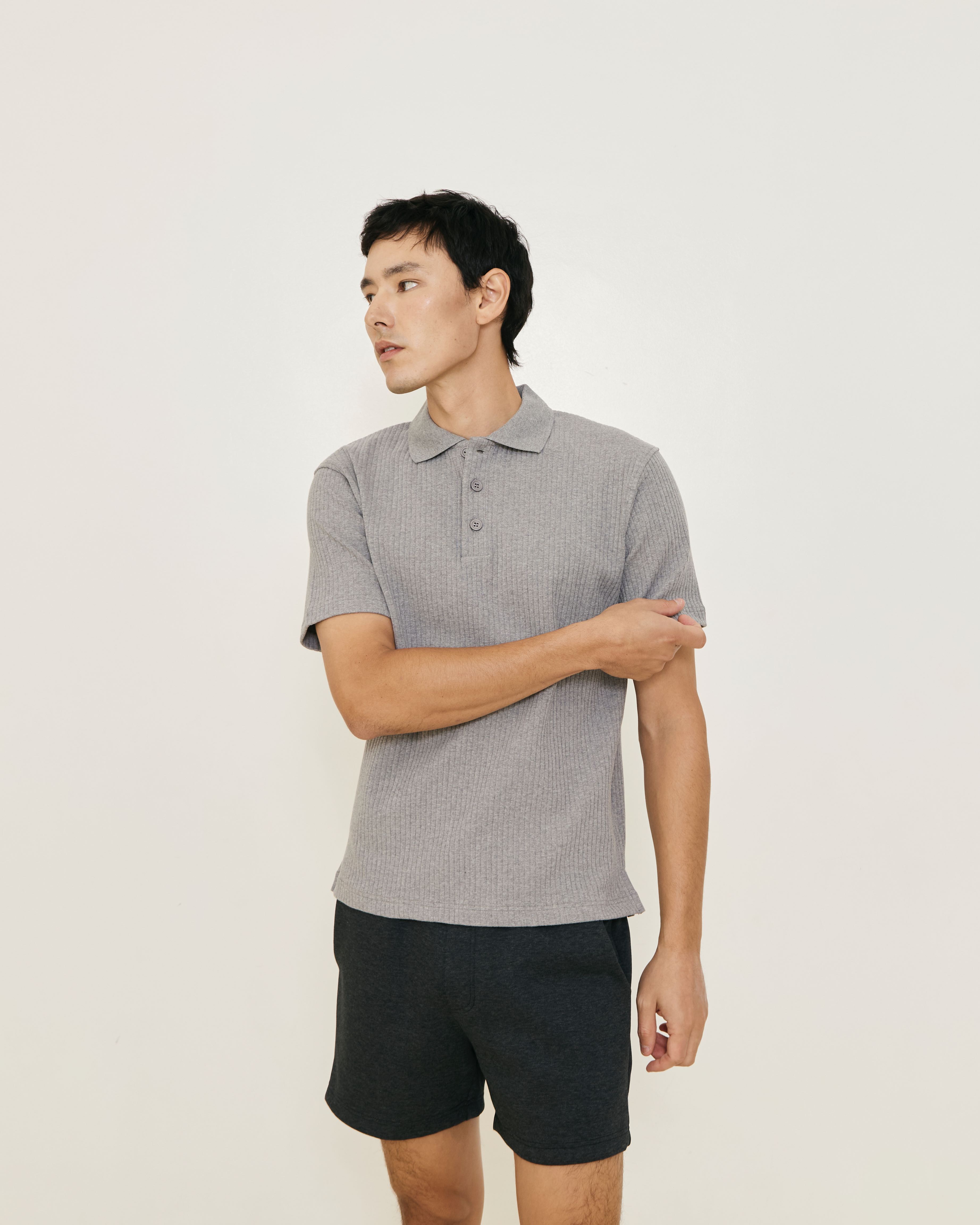 Grey Ribbed Cotton Polo Shirt