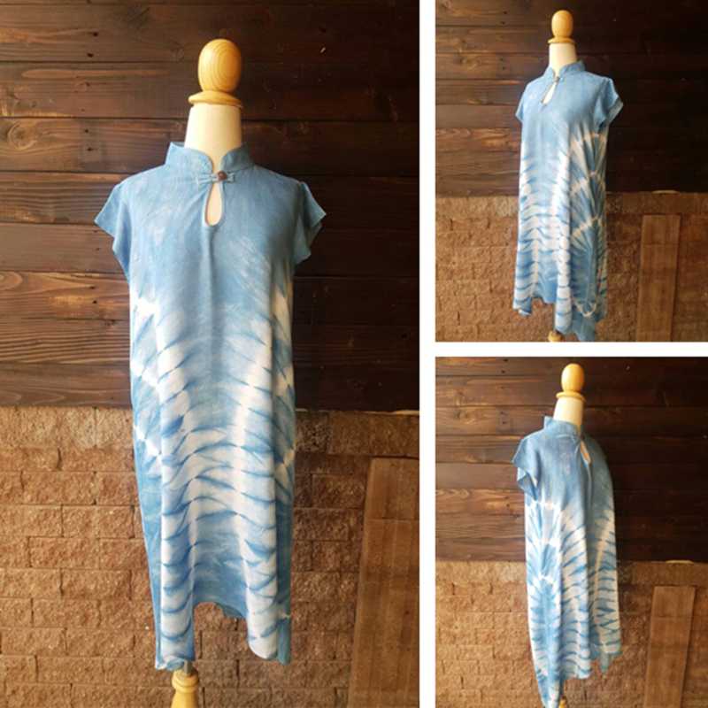 เสื้อผ้ามัดย้อมสีธรรมชาติ เดรสคอจีนมีแขน มัดย้อมสีธรรมชาติ