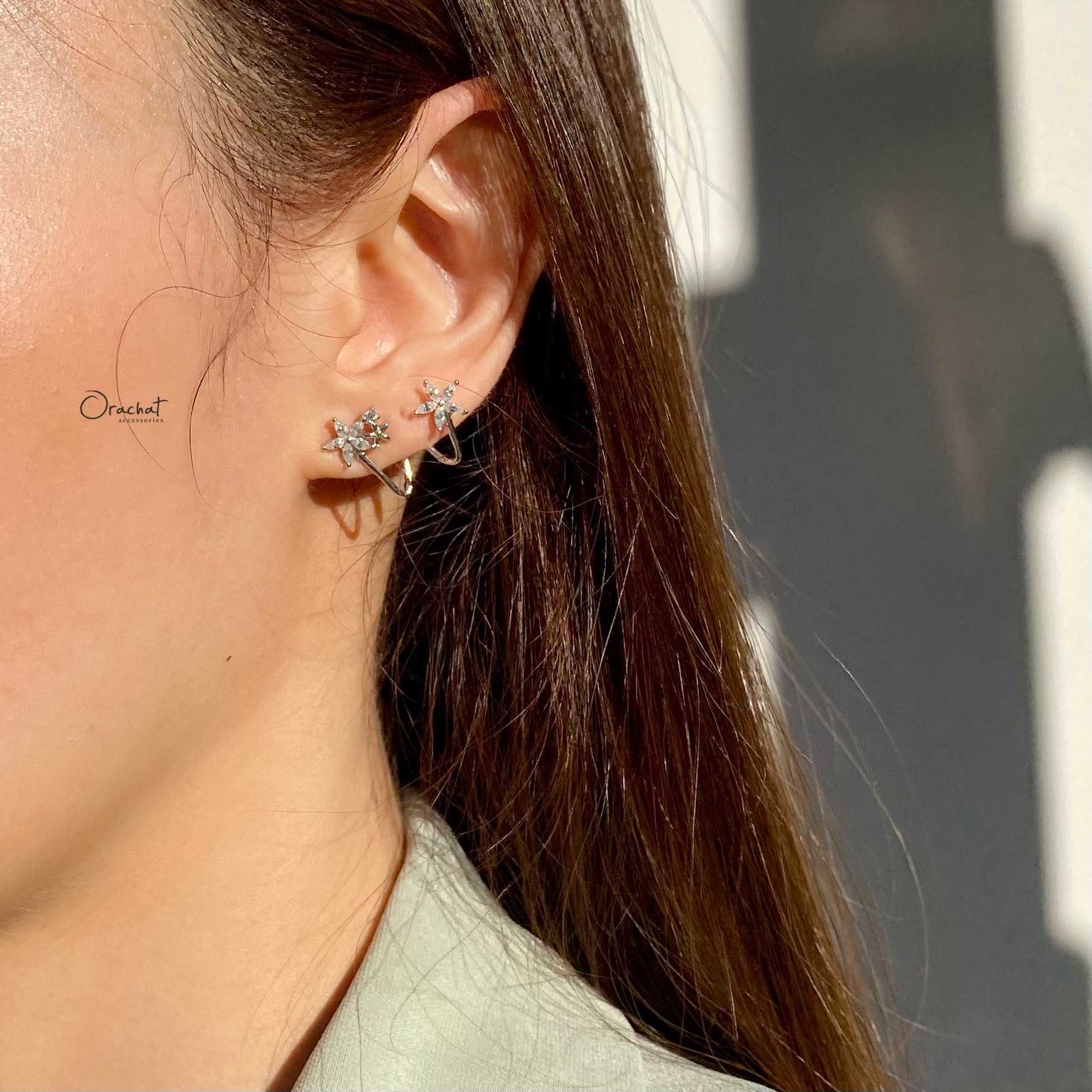 (ส่งฟรี) Flora zane earrings. (ต่างหูแบบติดหู งานชุบทองคำขาว เพชร CZ)