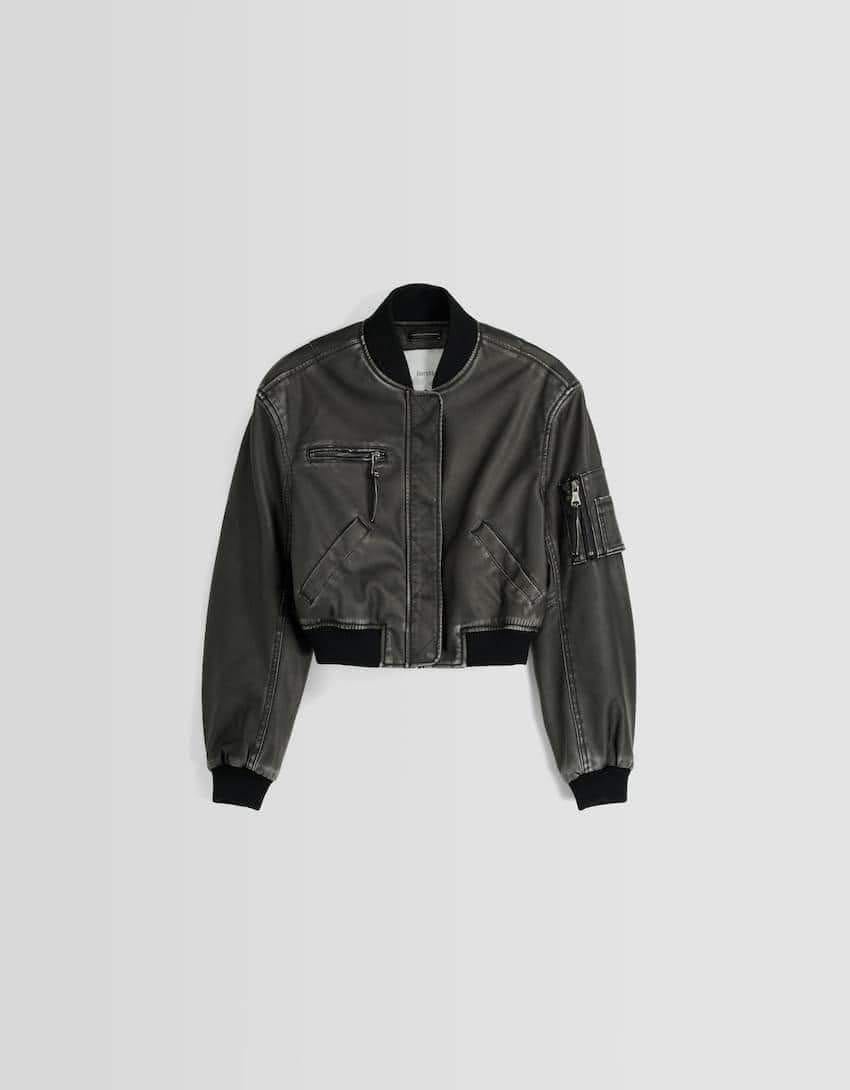 Bershka Distressed fur leather bomber jacket