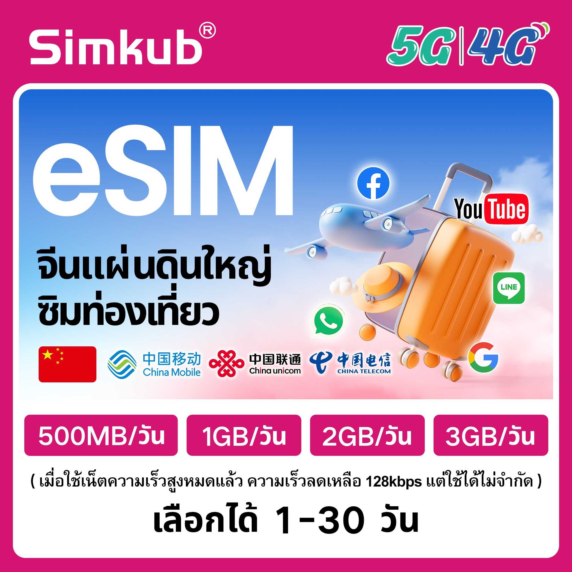 eSIM Mainland China ซิมท่องเที่ยว จีน เน็ต 500MB-3GB/วัน รองรับ 5G/4G เลือกได้ 1-30 วัน