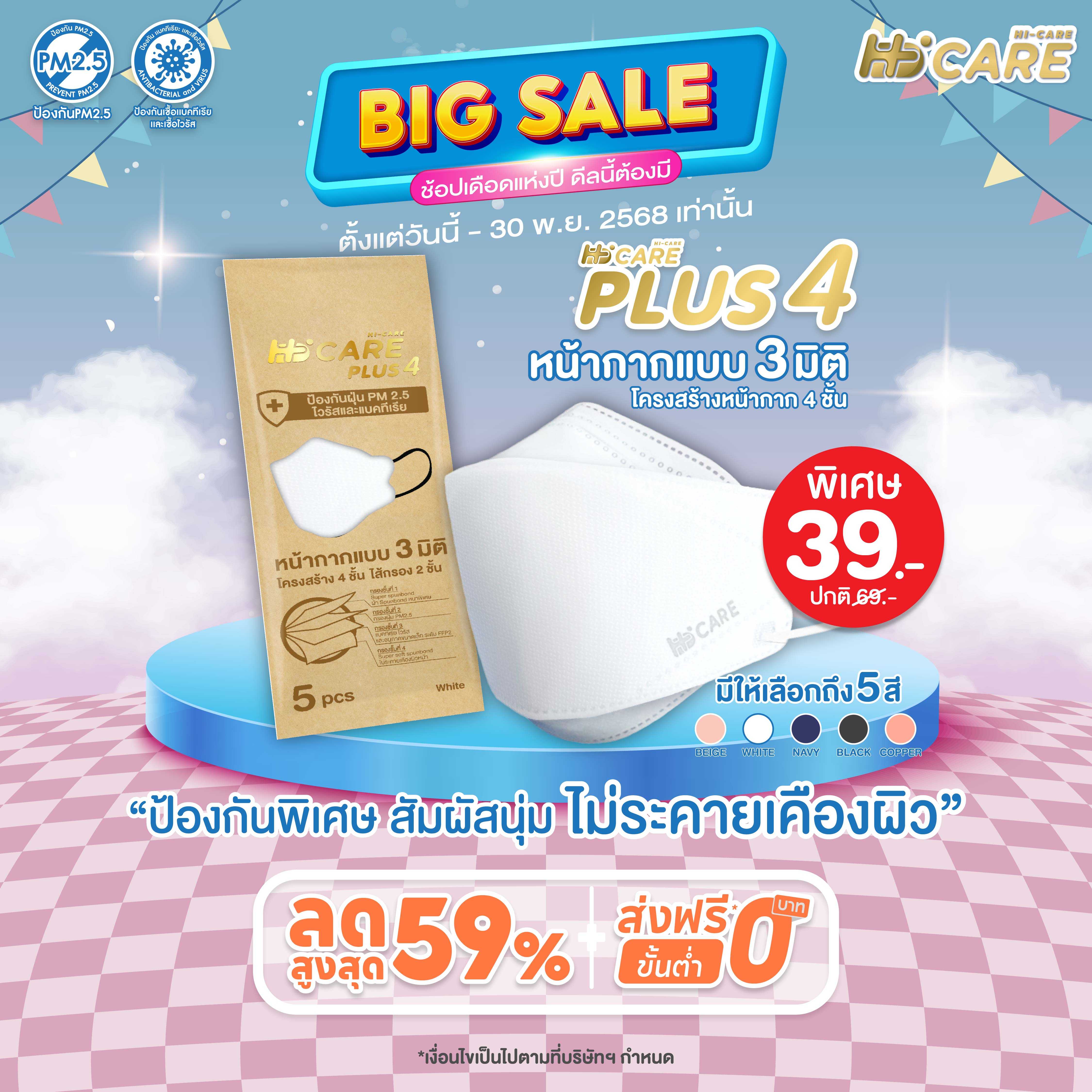 Hi-Care PLUS4 (สีขาว 5ชิ้น)หน้ากาก 3 มิติ หน้ากากอนามัยหนาพิเศษ แผ่นกรอง 4 ชั้น ชนิดคล้องหู