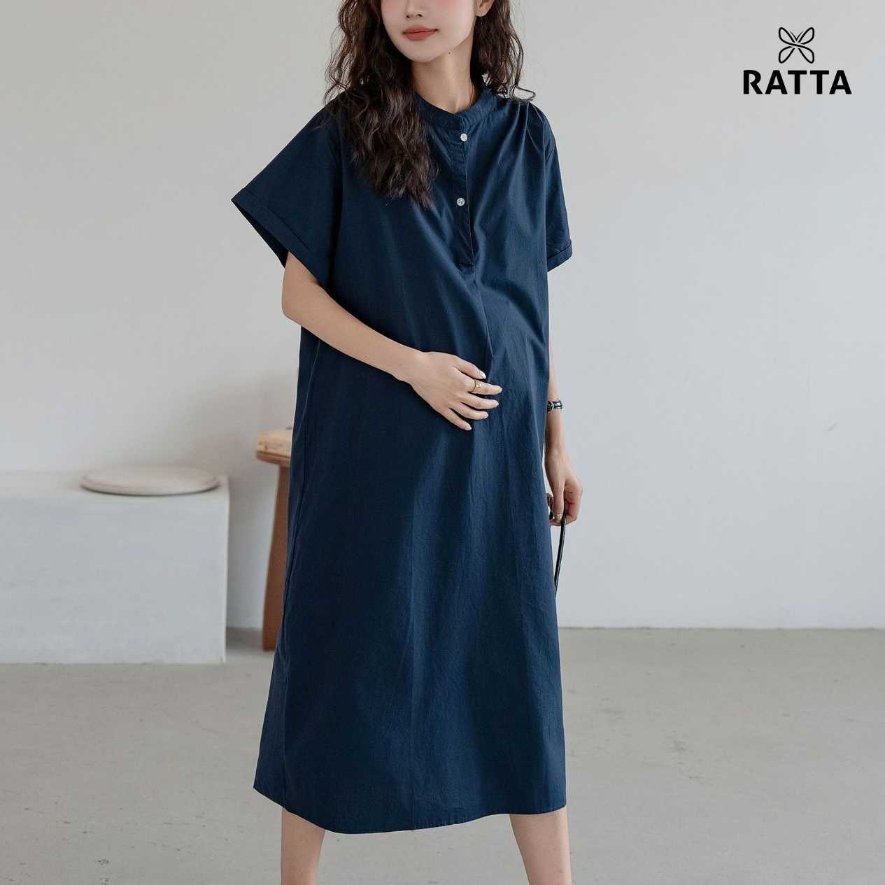 เดรสยาวแบบเรียบเก๋สีพื้นเรียบร้อยดูดีมากๆ ผ้าคอตตอนเชิ้ต เนื้อผ้าดีมากๆผ้านิ่มนุ่มมาก - สีกรม