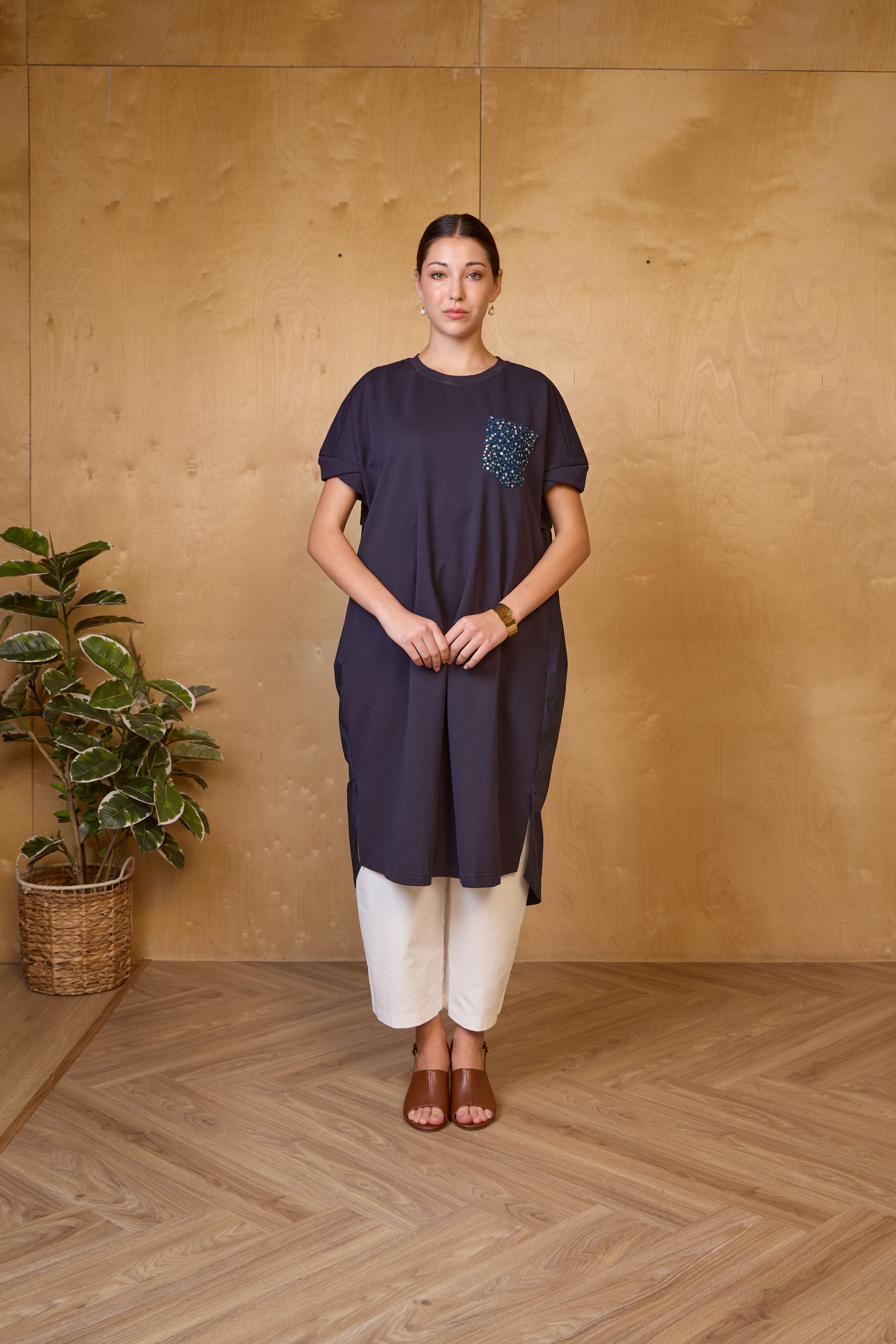 Navy Oversized Tunic Top with Sequin Pocket