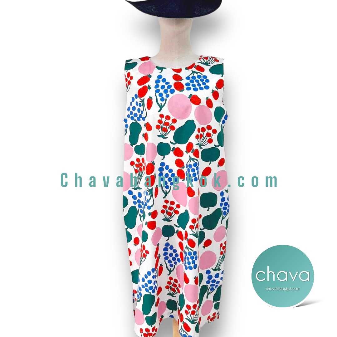 NEW!! MAXI Dress / ชุดเดรสยาว สีชมพู เขียว / ลายเชอรี่หลากสี  กระดุมหลัง มีกระเป๋า 2 ข้าง