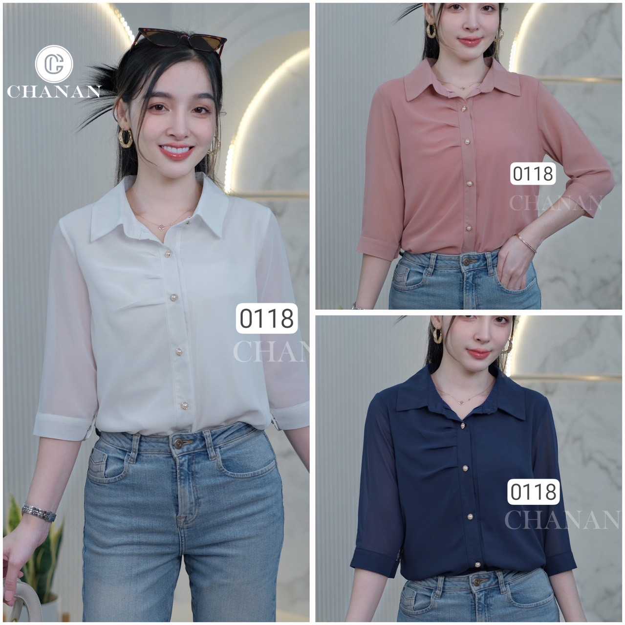 0118 เสื้อคอปก  ผ้าชีฟอง มีซับใน ผ้านิ่ม ใส่สบาย มี3สี
