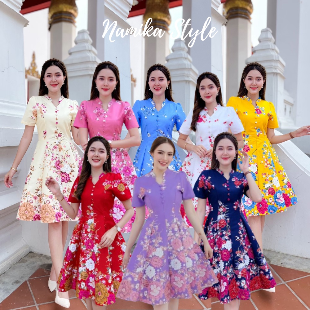 ชุดเดรสผ้าปาเต๊ะกิโมโน 8 สี กระโปรงบาน 8 ชิ้น ยาว 38 นิ้ว งานคอจีน แต่งกระดุมปั๊ม ซิปซ่อนหลัง อัดกาว