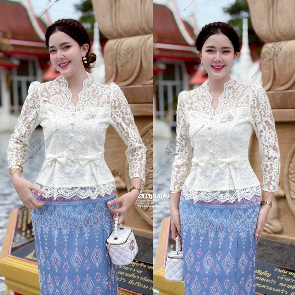 เสื้อลูกไม้ แขนยาว ชายระบาย แต่งโบว์น่ารักๆ 2 ข้าง งานเข้ารูปพรางหุ่นสวย ใส่ไปวัดทำบุญสวยมาก