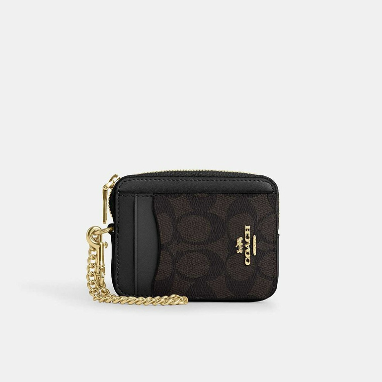 Coach CW883 Zip Card Case In Signature Canvas (IMXAQ) กระเป๋าใส่บัตรผู้หญิง สี Im/Walnut/Black