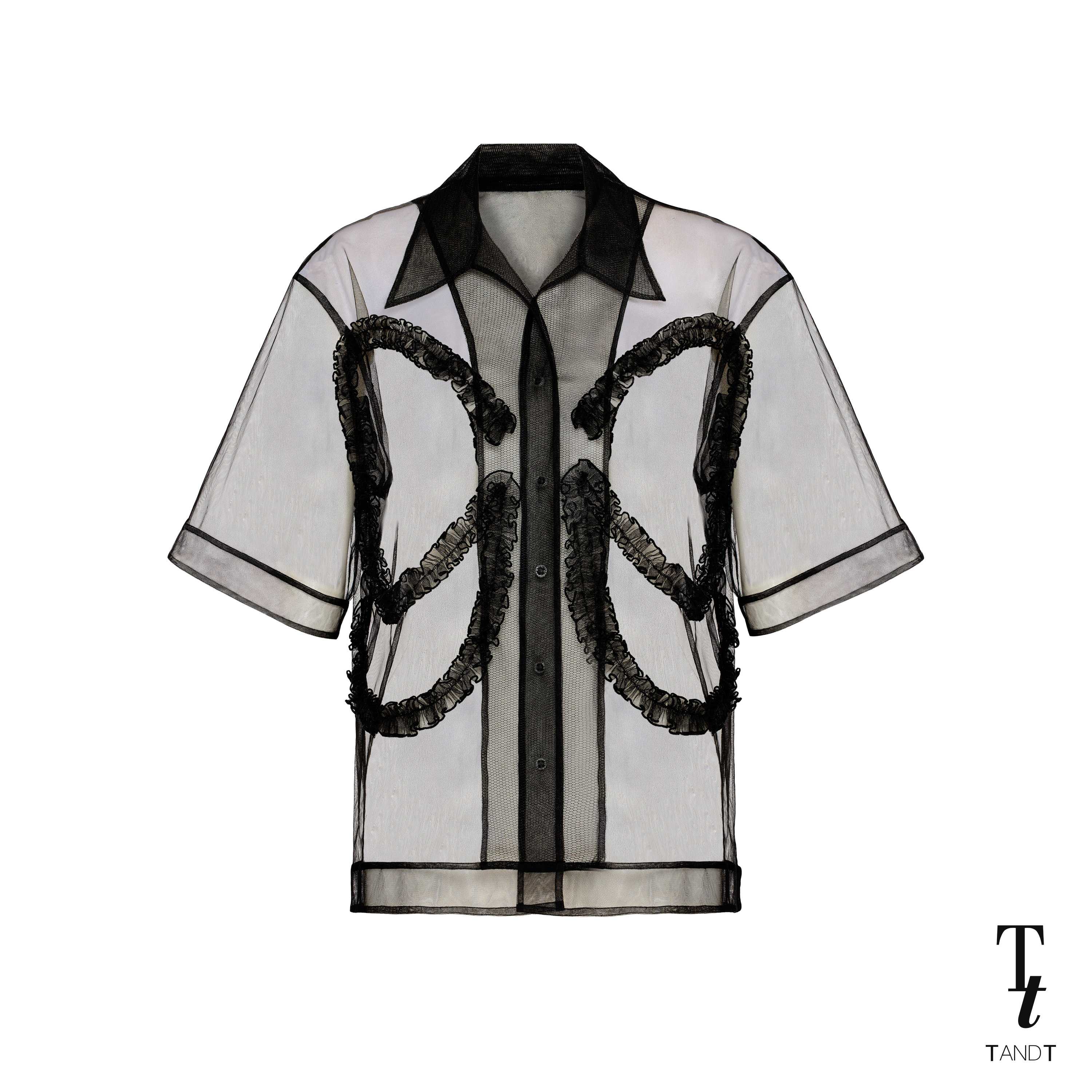 TandT - MILLER TOP - BOW-SHAPED RUFFLE FRONT BUTTON CLOSURE TULLE SHIRT