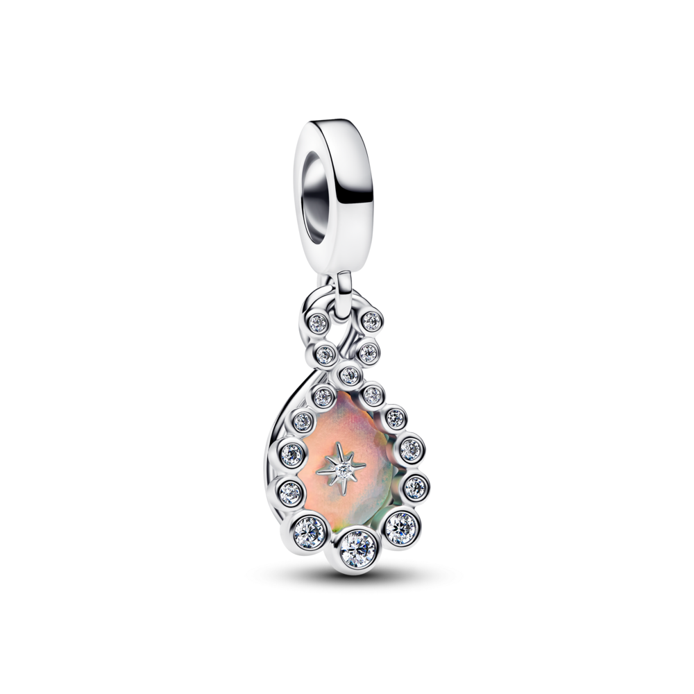 Infinity sterling silver double dangle with clear cubic zirconia and aurora lab-grown opal resin