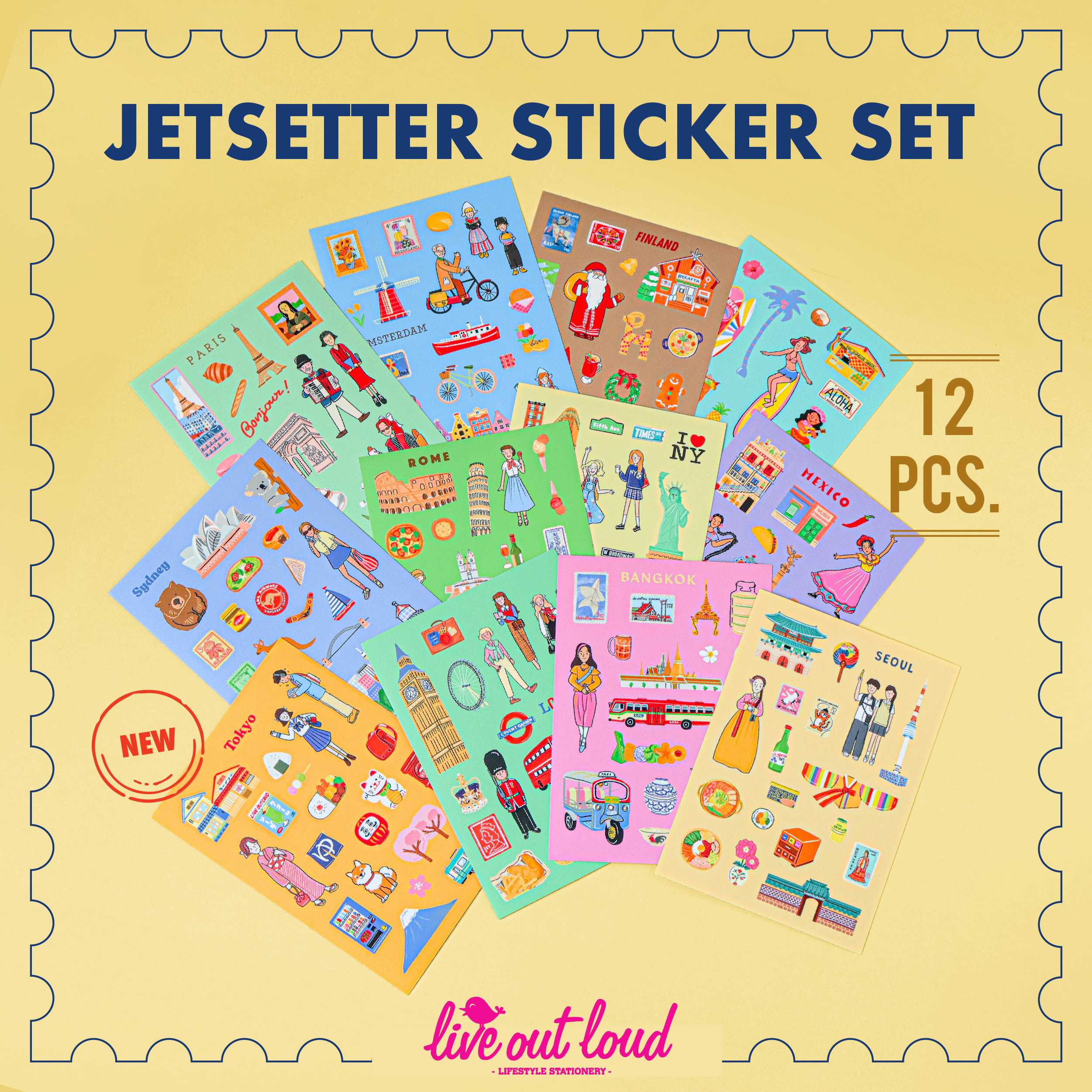 Jetsetter Sticker Set 12 pcs. (Live Out Loud x LMOLMO) เซ็ตสติกเกอร์พรีเมียมลายท่องเที่ยวน่ารัก