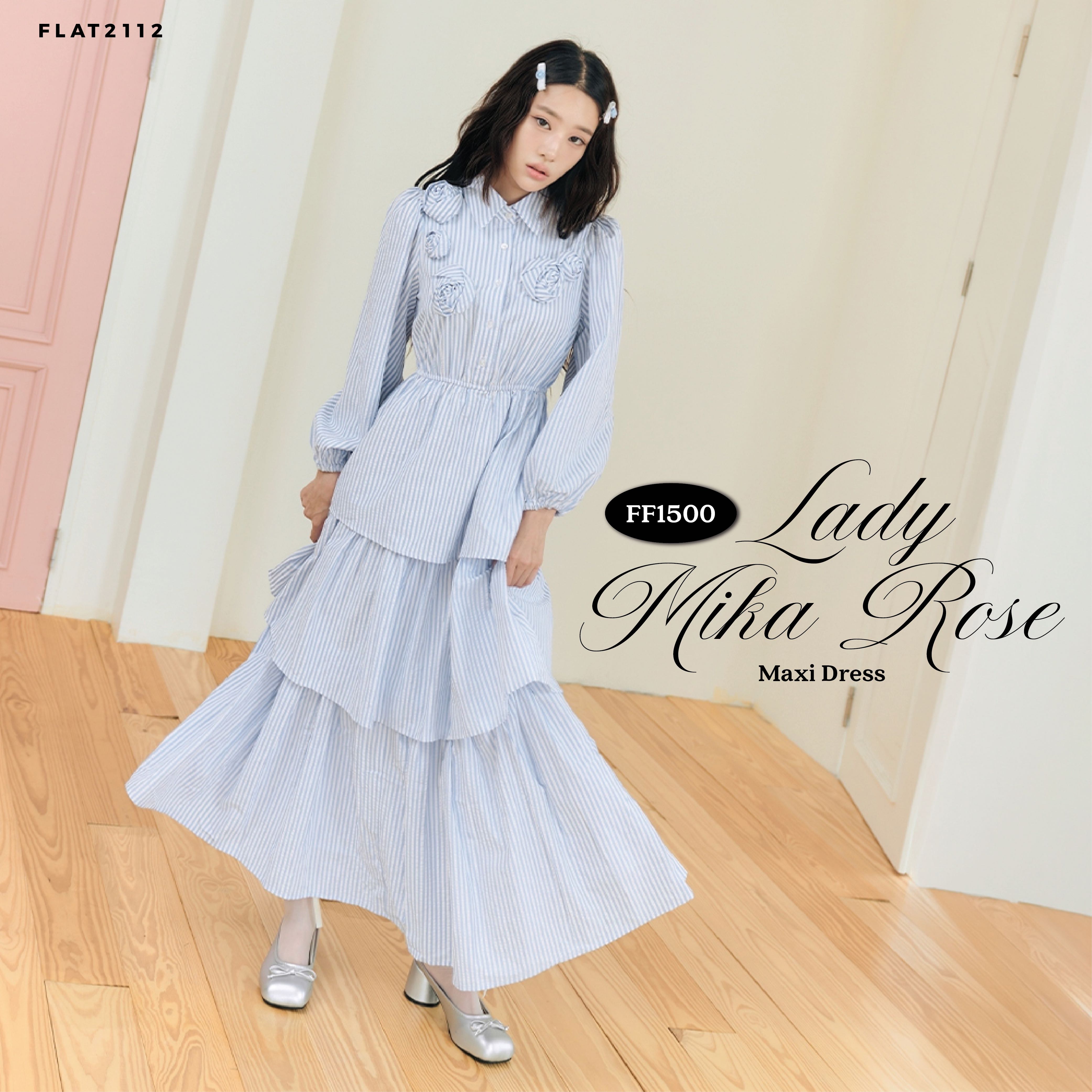 FLAT2112 : LADY MIKA ROSE MAXI DRESS ชุดเดรสยาวสีฟ้าพาสเทลสุดละมุน คอปกเชิ้ตสุภาพ (FF1500)