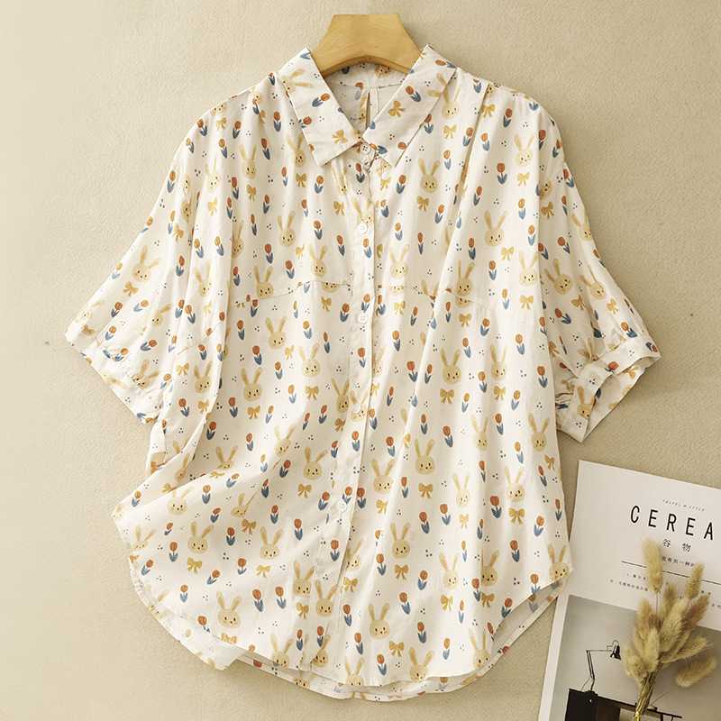 เสื้อทรง oversize ผ้าพิมพ์ลายเจ้ากระต่ายน้อยแสนน่ารักน่าใส่มากๆ - สีครีมส้ม