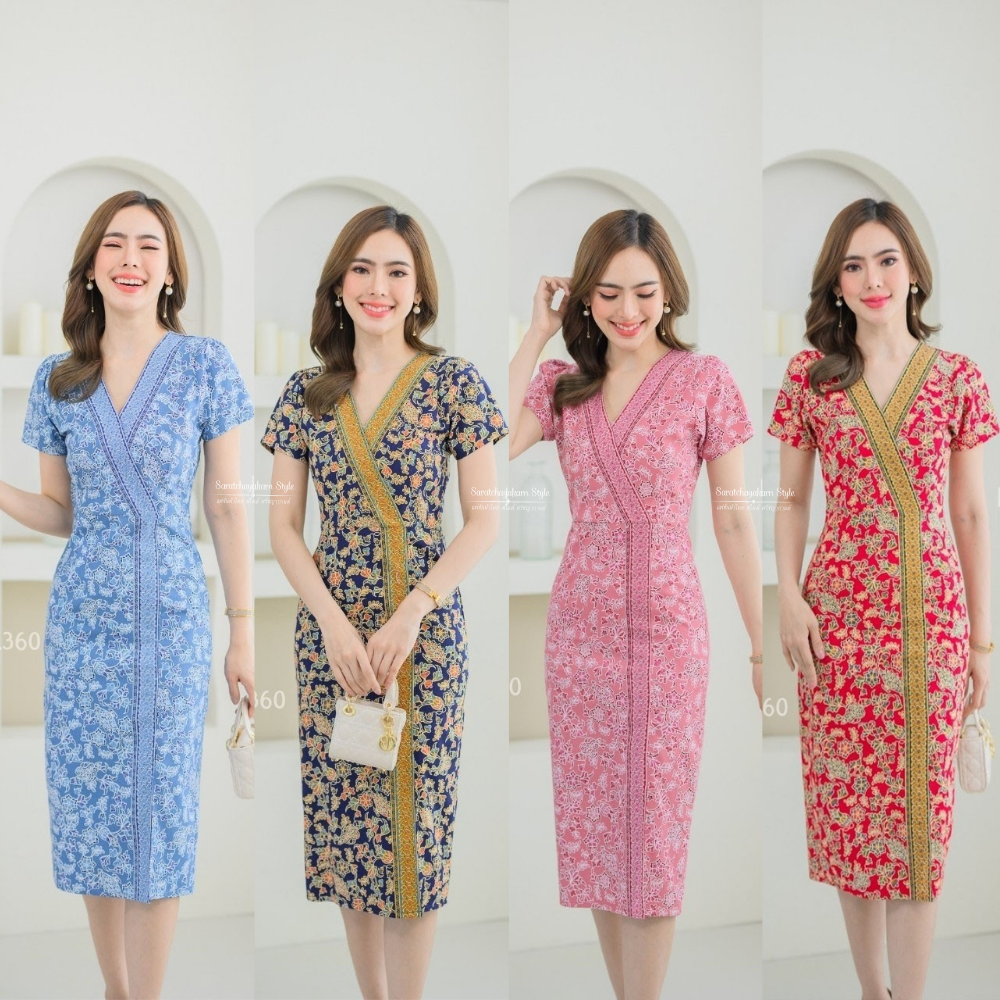 ชุดเดรส ผ้า cotton พิมพ์ลายปาเต๊ะ สิงคโปร์แอร์ไลน์ (ลายพัด) คอวี ผ่าหน้า อัดกาวทั้งชุด