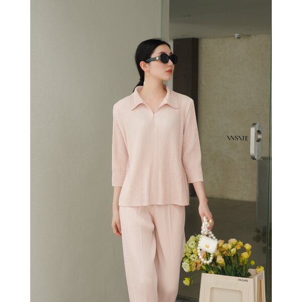 2MUAY รุ่น GJO5111 เสื้อพลีทคุณภาพ THICK COLLAR HALF ZIP PLEATED TOP 6 สี FREE SIZE