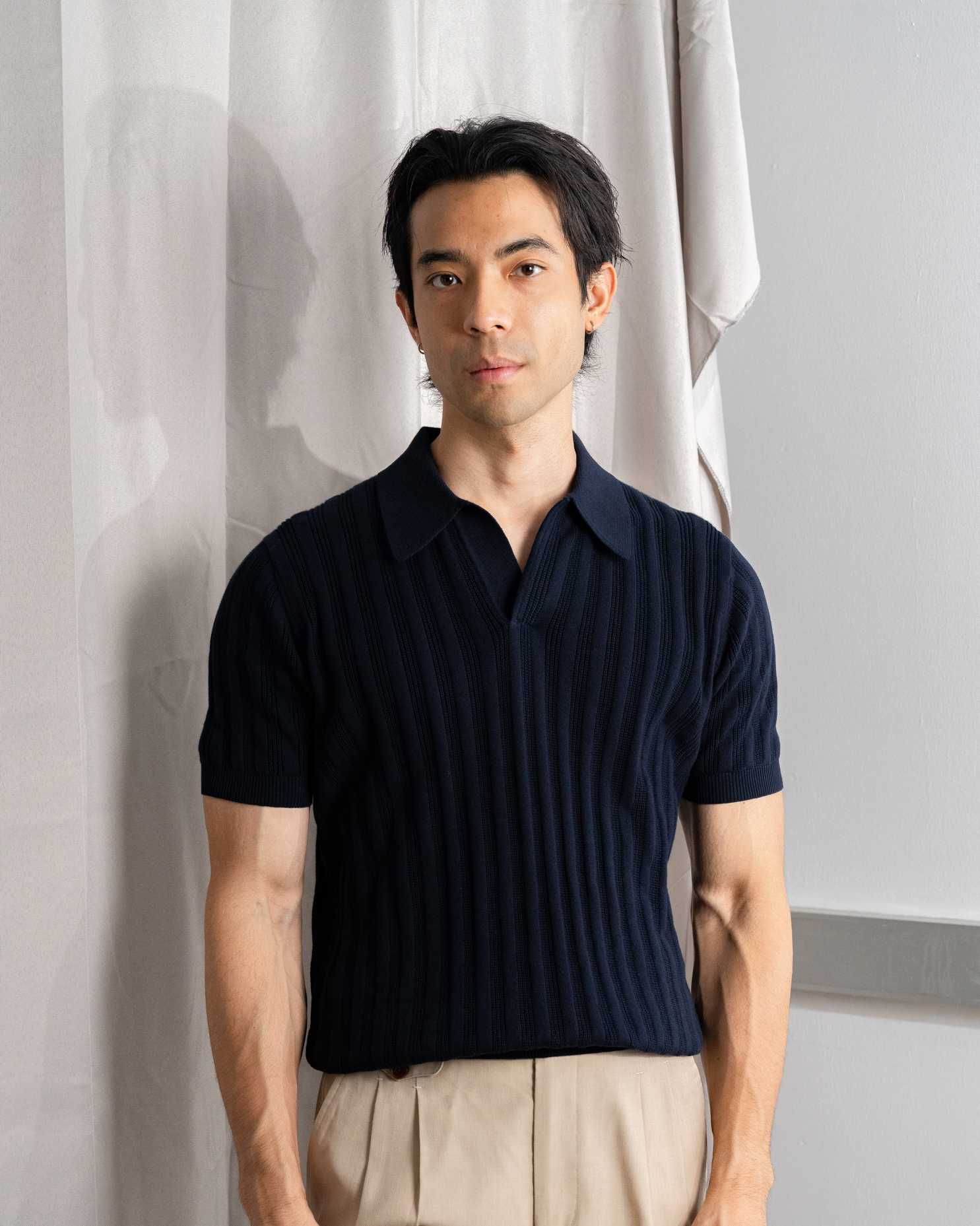 MadetoMature Stripe Textured Knitted Skipper Polo - Navy