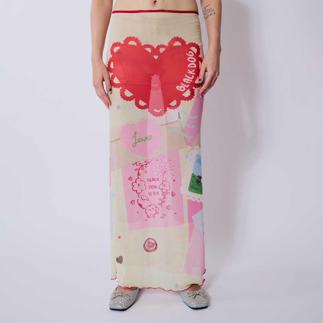 BLACKDOG BKK-AW2420-Heart See- through printed skirt-กระโปรงตาข่ายซีทรูผ้ายืดพิมพ์ลาย