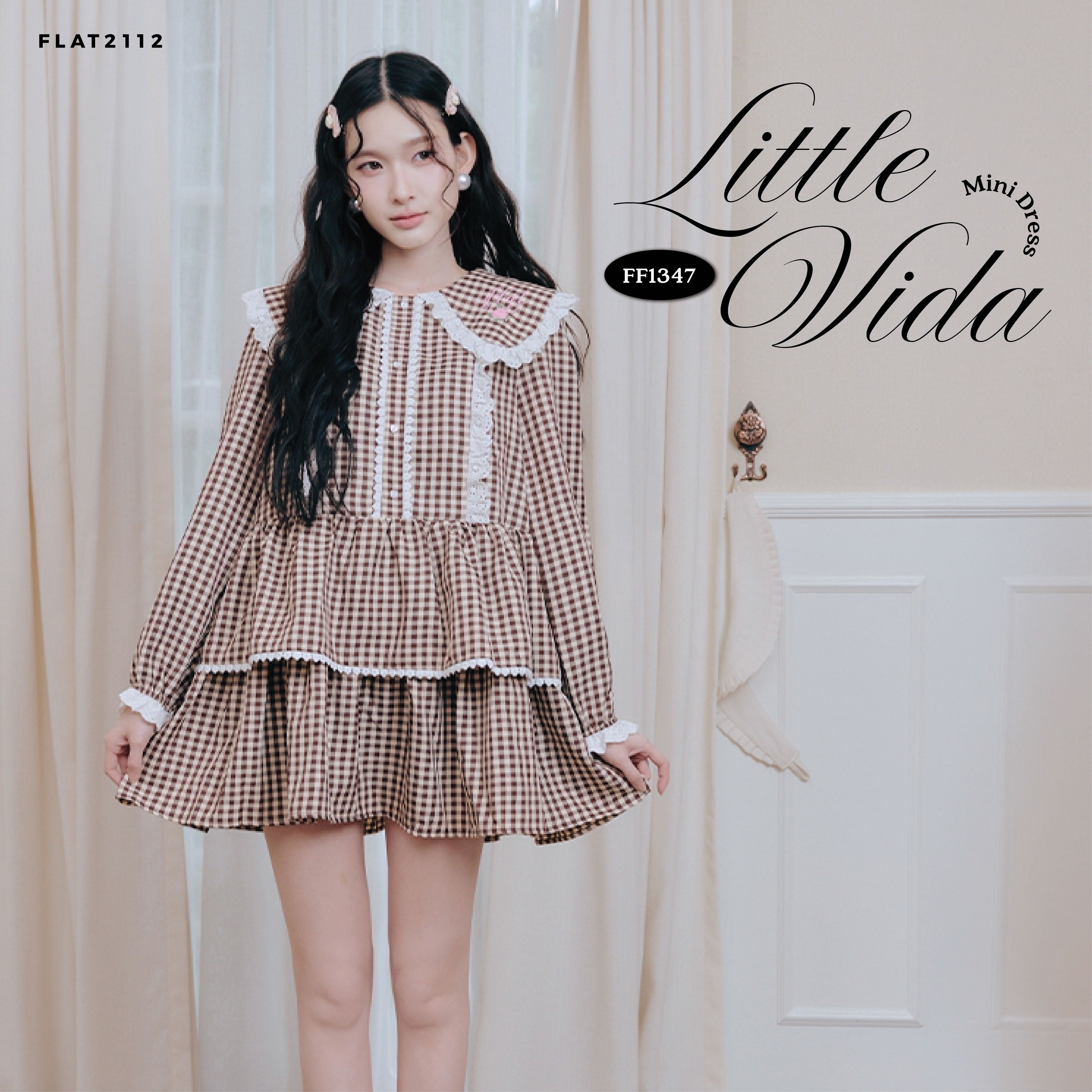 FLAT2112 : LITTLE VIDA MINI DRESS  เดรสลายตารางโทนน้ำตาล ตกแต่งปกใหญ่ระบายสีขาว  (FF1347)