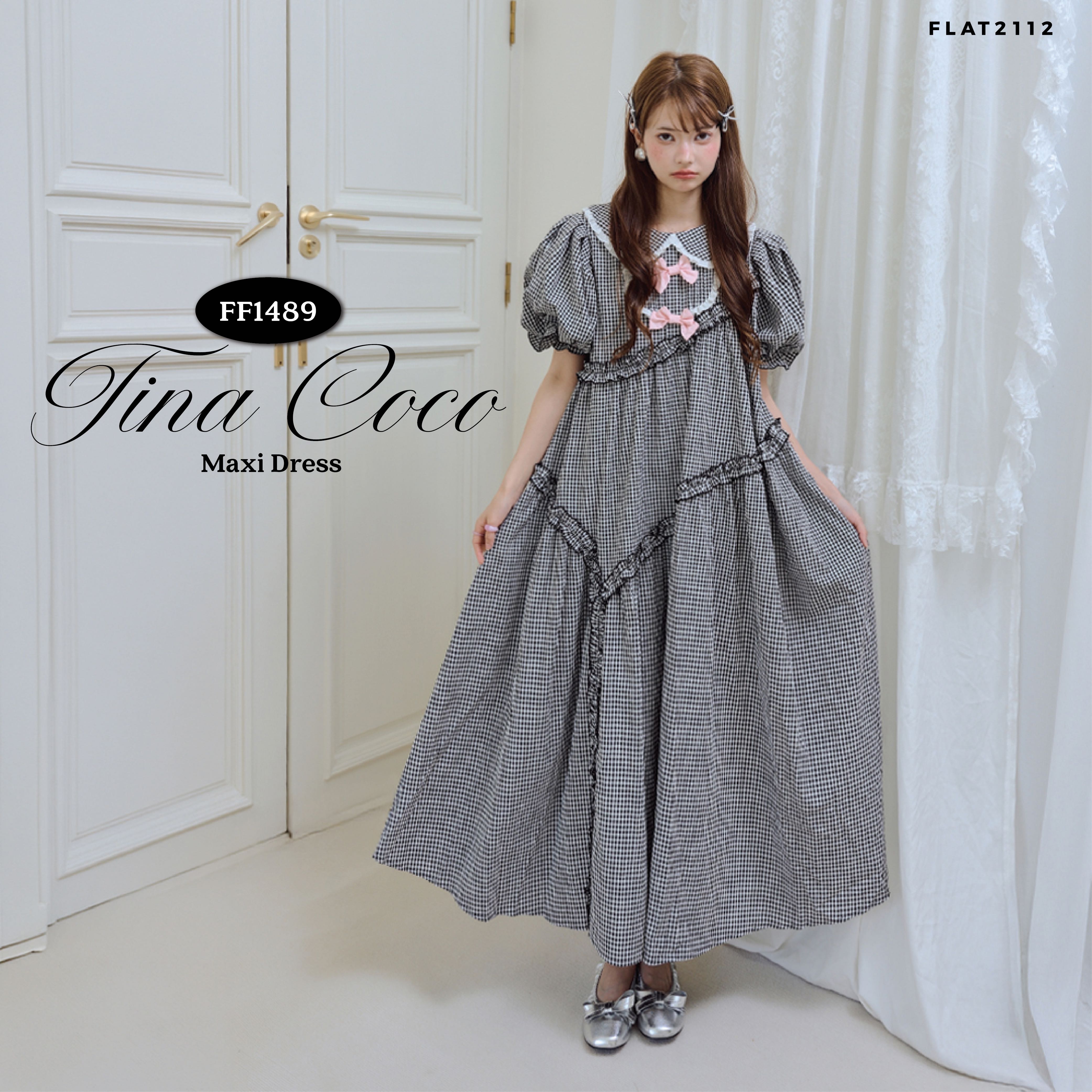 FLAT2112 : TINA COCO MAXI DRESS เดรสยาวลายสก็อตสีดำ เดรสโบว์สีชมพู เดรสแต่งระบายสีขาว (FF1489)