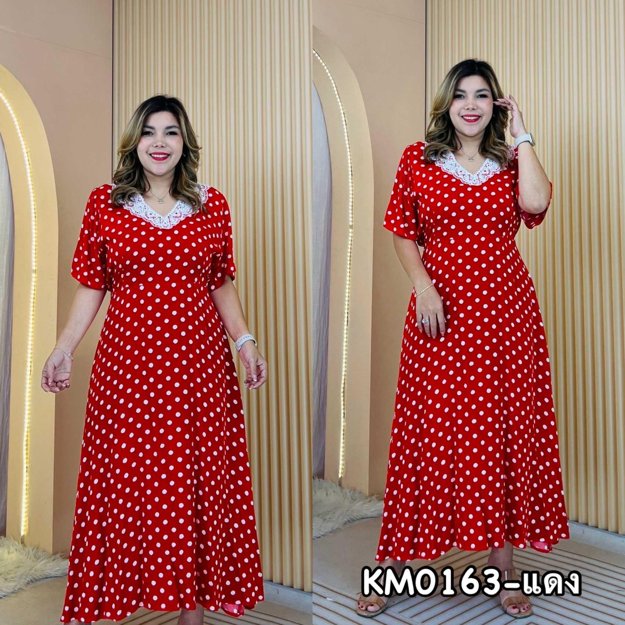 Miafashion​ (KM0163)​ เดรสคอวีลายจุด