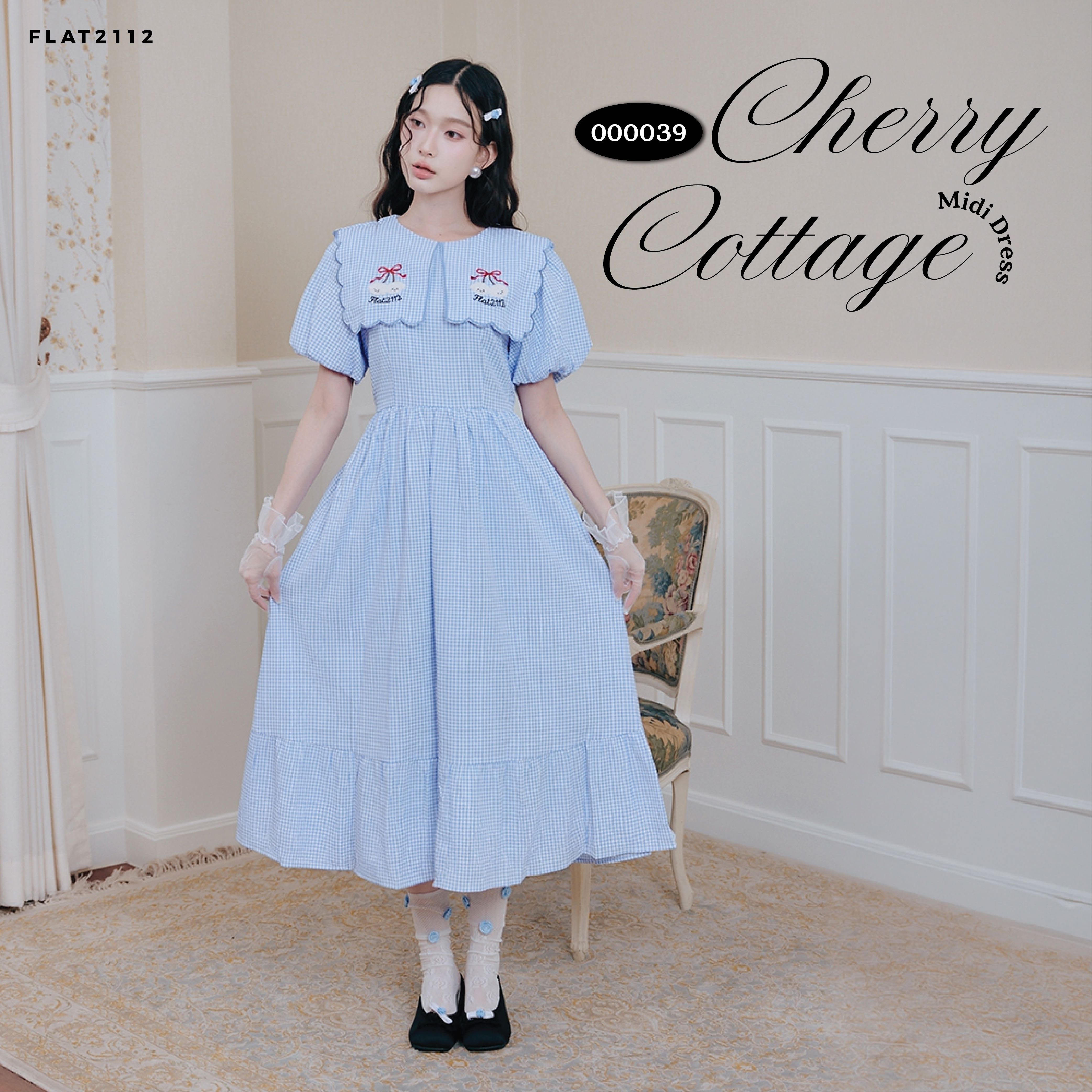 FLAT2112 : CHERRY COTTAGE MIDI DRESS เดรสยาวคุณหนูปกกะลาสี เดรสคุณหนูอังกฤษ (000039)
