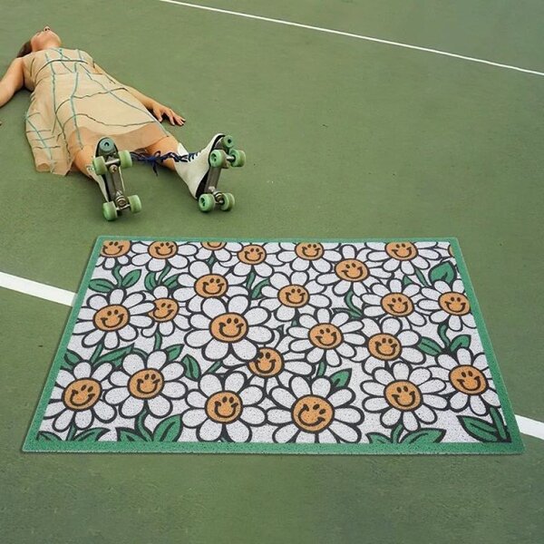 พรมดักฝุ่นพิมพ์ลาย ดอกไม้ยิ้ม(ขอบสีเขียว)