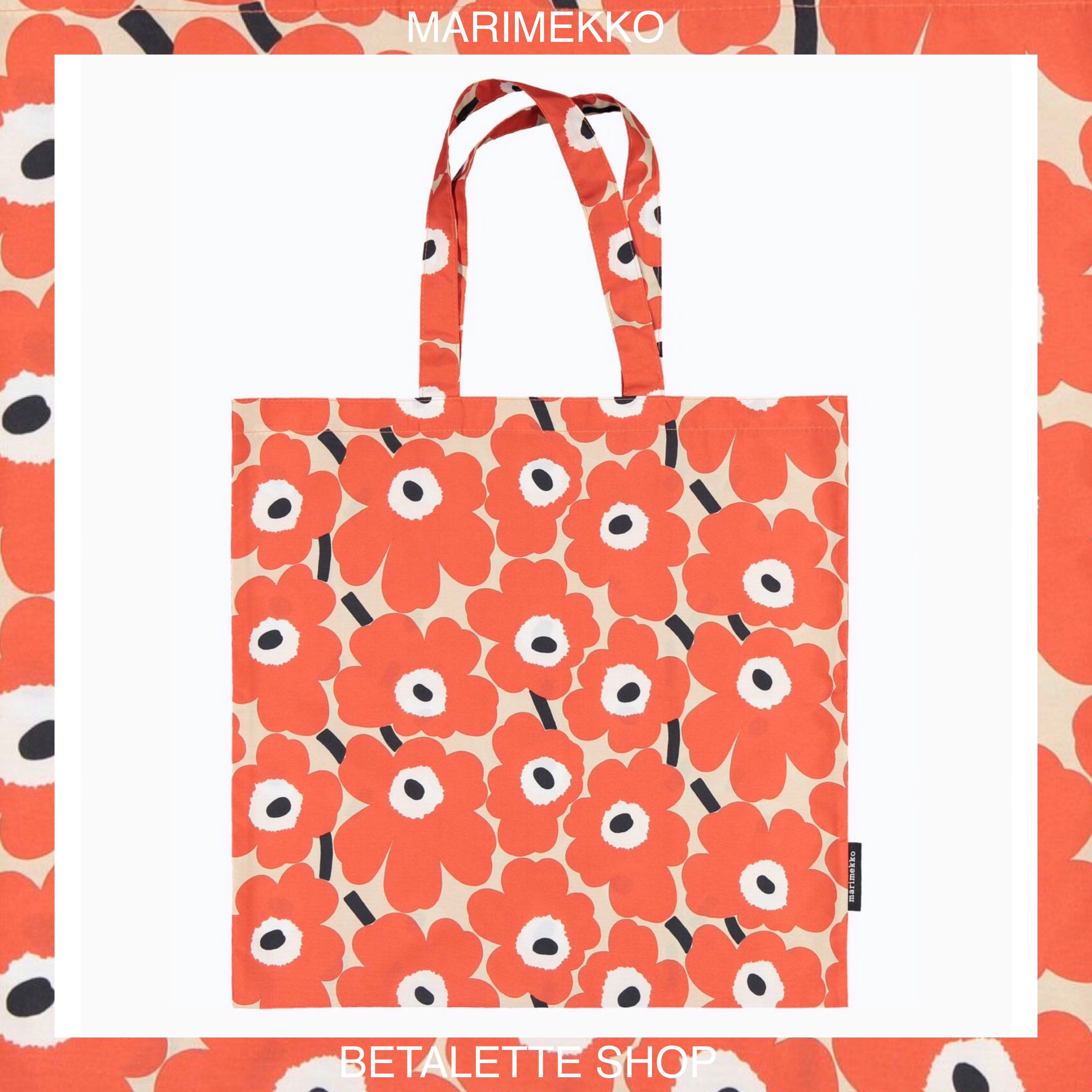 พร้อมส่ง !! 🍊 Marimekko Lopulta Pieni Unikko bag ผ้าโพลีเอสเตอร์ ดอกแดงส้มพื้นเบจ 🍊