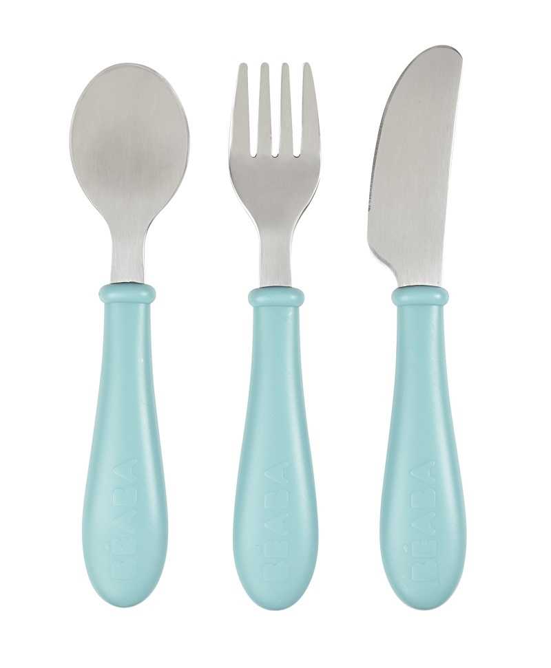 BEABA ช้อนส้อมมีด Stainless steel training cutlery Knife / Fork / Spoon - LIGHT BLUE
