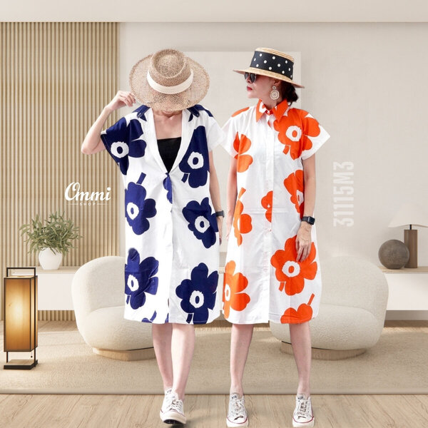 Ommishop 31115M3 ชุดเดรสแฟชั่น เชิ้ตแขนล้ำ ผ่าหน้า ยาวเสมอเข่า ลายดอก Mari มารีเมกโกะ Cotton Japa...