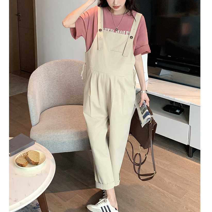 เอี๊ยมกางเกงทรงสวยเก๋แบบน่ารักน่าใส่มากๆ สายเอี๊ยมสามารถปรับความยาวได้ - สีเบจ