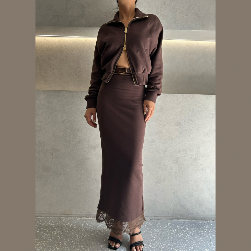 ROWEN ROSE LONG SKIRT WITH LACE CONTRAST - BROWN