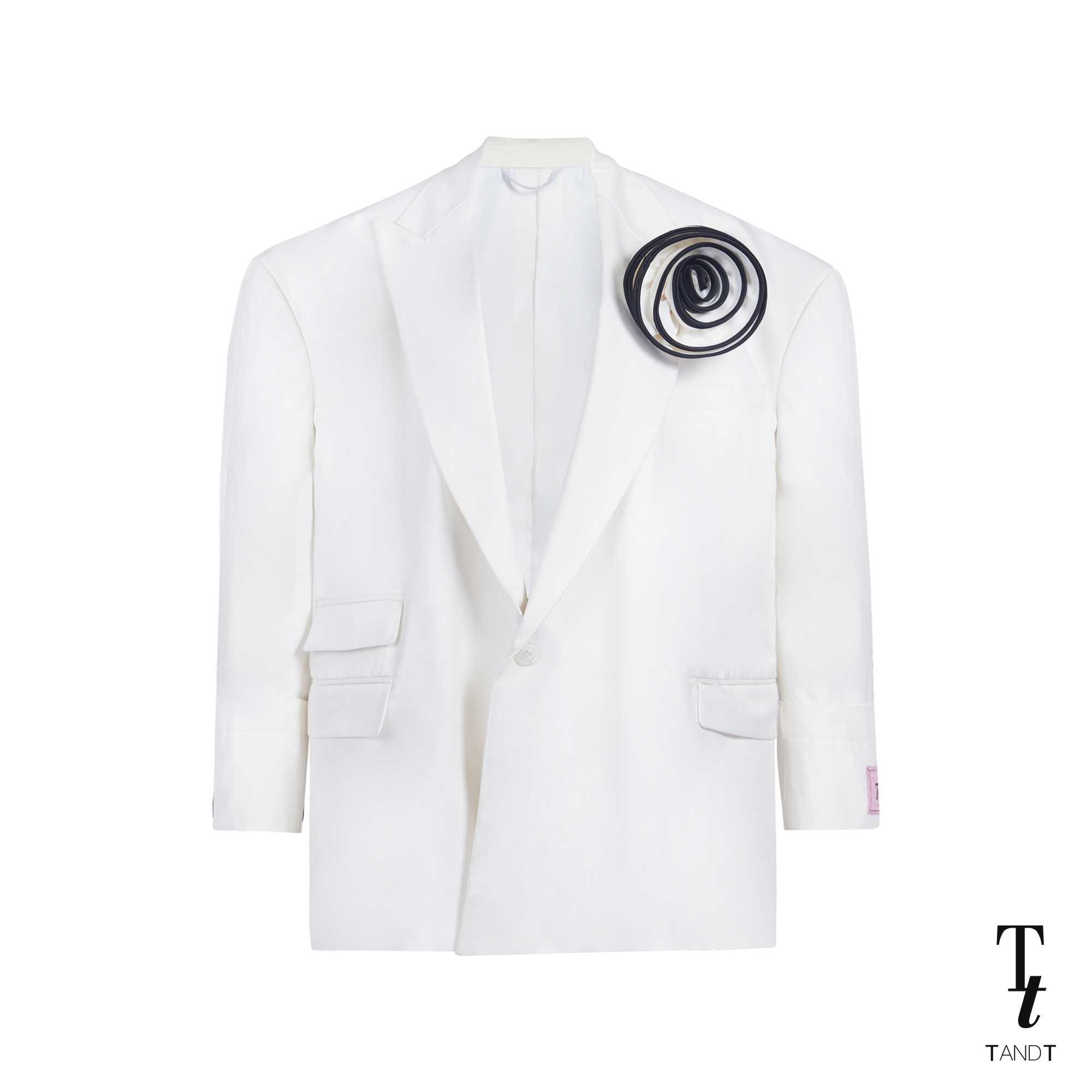 SHERMAN WHITE - ROSE HAND-CRAFTED PIN SHOULDER PADD OVERSIZE BLAZER