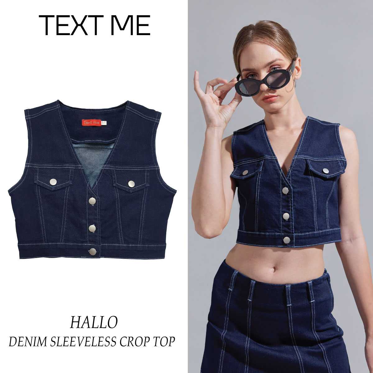 TEXT ME  เสื้อครอป รุ่น Hallo, Liebling Denim Sleeveless Crop Top สี Royal blue met TMT001