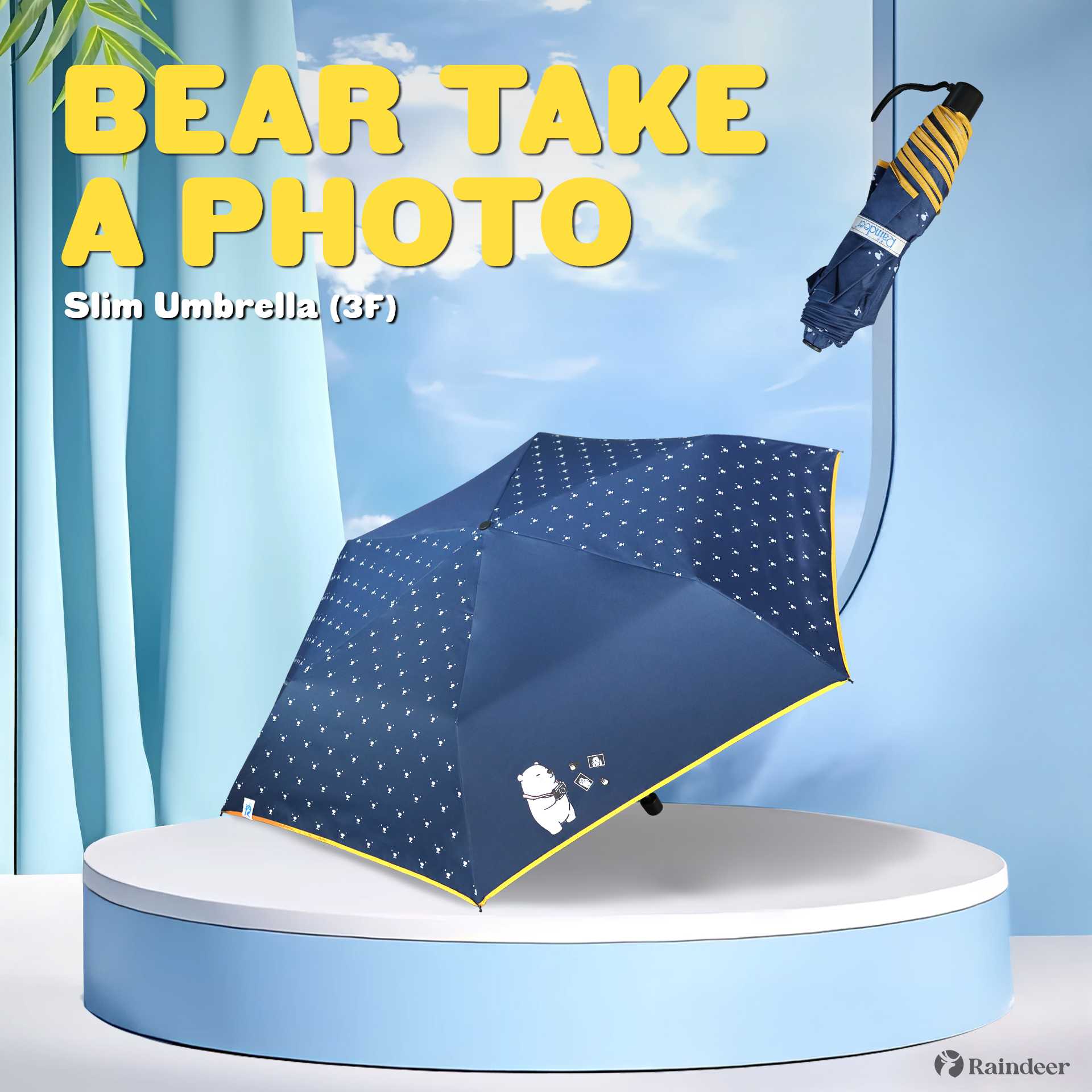Raindeer ร่มพับ 3 ตอนปากกา กันUV ลาย Bear take a photo (UVดำ) กันUV พกพาสะดวก ร่มพับเล็ก