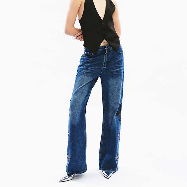 Vantigr : VT25-23 : Andi Unisex Pants กางเกงยีนฟอกสีน้ำเงินเข้ม แต่งผ้าหนัง