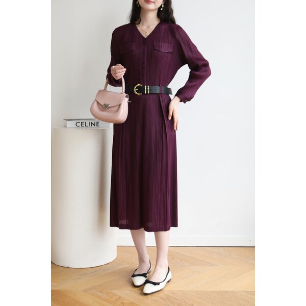 CLEARANCE SALE!! 2MUAY รุ่น GJO1135 เดรสพลีทคุณภาพ V NECK LONG SLEEVE PLEATED DRESS สีม่วง FREE SIZE