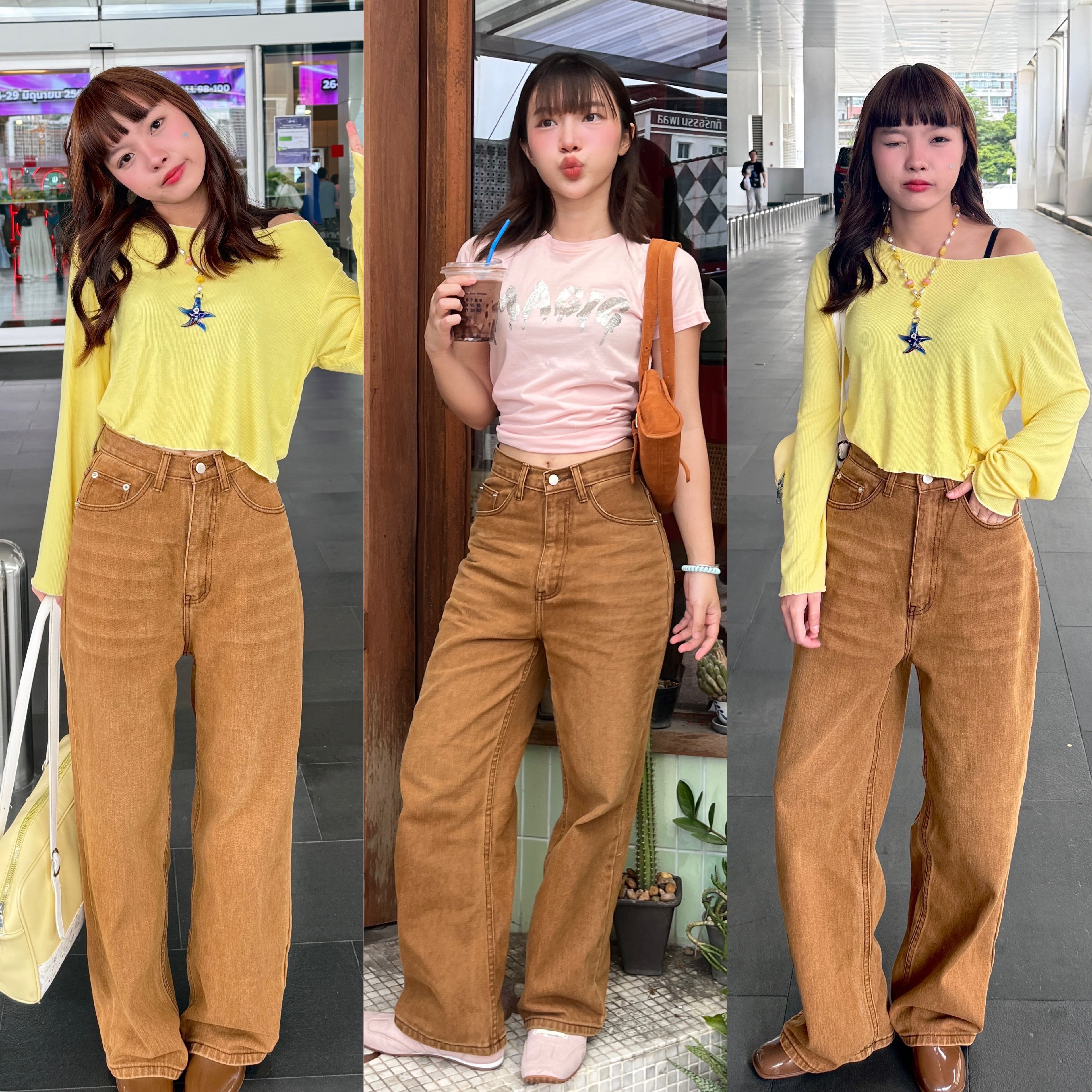 150cm latte ยีนส์สาว150cm+ กระบอกกลาง สีน้ำตาลลาเต้ ผ้านิ่ม ไม่ยืด [playwork.store] (024-ยีนส์ลาเต้)